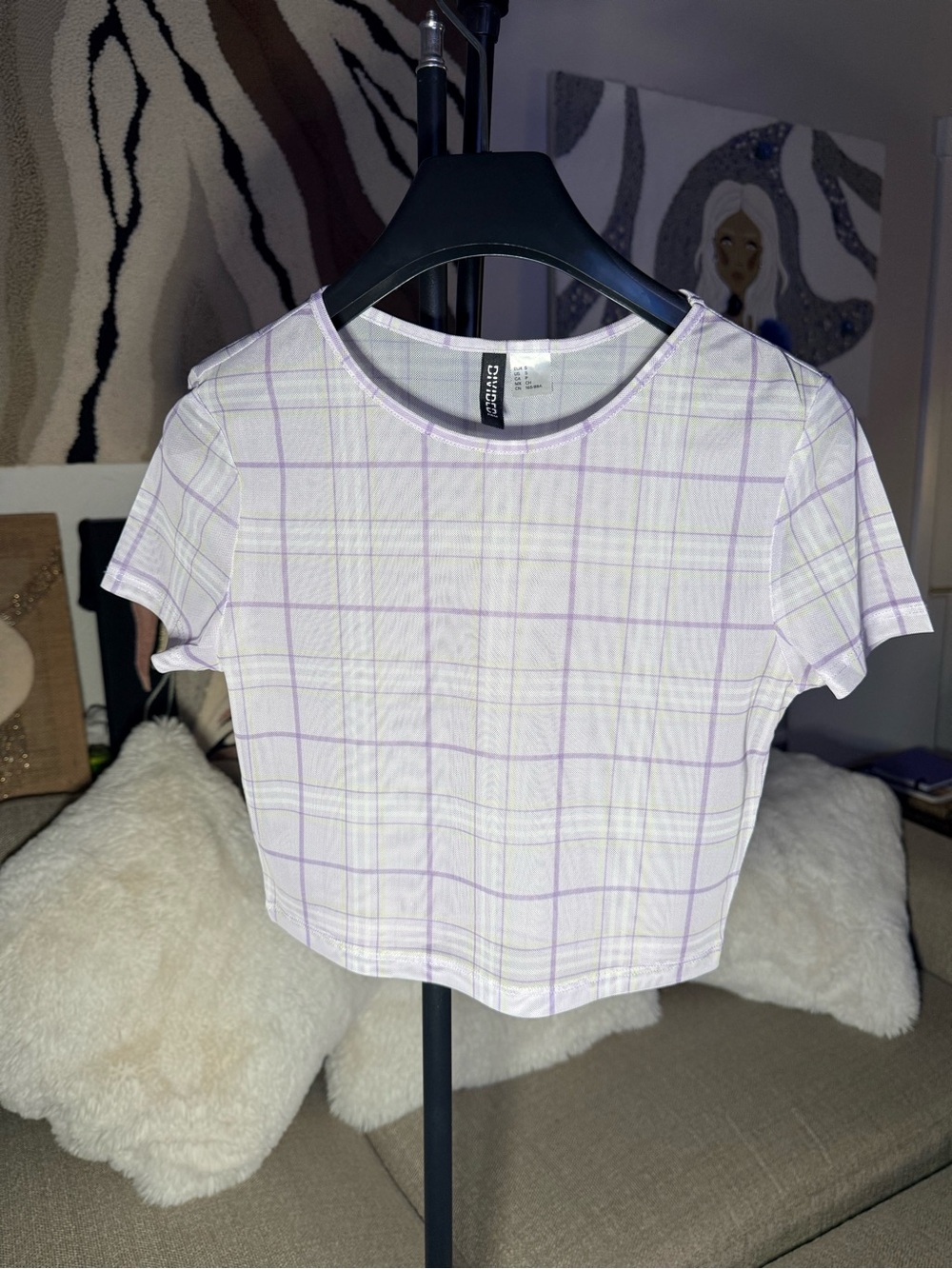 H&M White and Lavender Plaid Cropped Tee